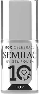 Semilac TOP UV Gel Polish, srebrna butelka z czarnymi napisami, brokatowy, edycja 10-lecia, widok z przodu.