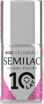 Semilac "Moc Celebracji 10 Lat" UV Gel Polish, srebrna butelka z różowym brokatem na dole, widok z przodu.