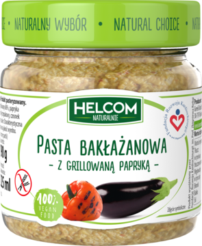 Słoik Helcom Pasta Bakłażanowa z Grillowaną Papryką, wegańska i bezglutenowa, zielona zakrętka, widok z przodu.
