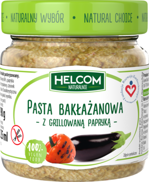 Słoik Helcom Pasta Bakłażanowa z Grillowaną Papryką, wegańska i bezglutenowa, zielona zakrętka, widok z przodu.