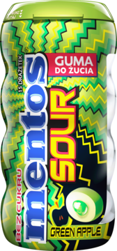 Mentos Sour Green Apple, guma do żucia bez cukru w zielonej butelce z zygzakowym wzorem, widok z przodu.