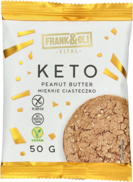 Frank & Oli Keto Peanut Butter Soft Cookie 50g, biało-złota saszetka, widok z przodu z ciastkiem.