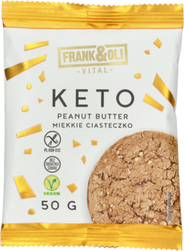 Frank & Oli Keto Peanut Butter Soft Cookie 50g, biało-złota saszetka, widok z przodu z ciastkiem.