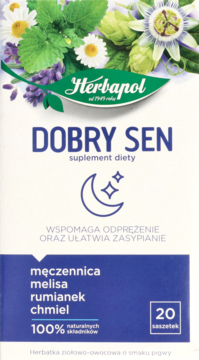 Herbapol Dobry Sen, białe opakowanie herbaty ziołowej na spokojny sen z ilustracjami ziół, 20 saszetek.