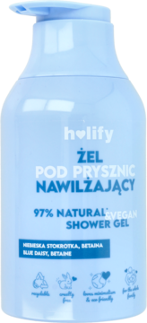 Holify nawilżający żel pod prysznic 97% naturalny z błękitną stokrotką, w butelce z pompką, widok z przodu.