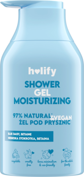 Holify Shower Gel Moisturizing w jasnoniebieskiej butelce z pompką, 97% naturalny i wegański. Widok z przodu.