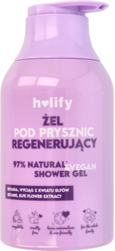 Fioletowy Holify Żel pod Prysznic Regenerujący, butelka z pompką, front, 97% naturalny skład.