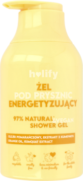 Energetyzujący żel Holify w żółtej butelce z pompką. Z przodu opis: 97% naturalny, olejek pomarańczowy.