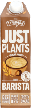Tymbark Just Plants Barista owsiany napój, brązowy karton z białą zakrętką i grafiką kawy latte, widok z przodu.