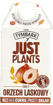 Tymbark Just Plants Owies Orzech Laskowy, biały karton z orzechem laskowym, widok z przodu, bez cukru.