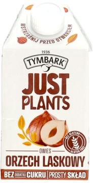 Tymbark Just Plants Owies Orzech Laskowy, biały karton z orzechem laskowym, widok z przodu, bez cukru.