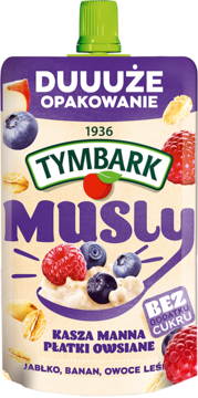 Tymbark Musly, beżowy mus owocowy w saszetce, z kaszą manną i owsem, bez cukru, widok z przodu.
