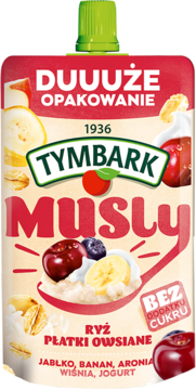 Duża czerwona saszetka Tymbark Musly, mus owocowy z jogurtem, ryżem, płatkami owsianymi, bez cukru.