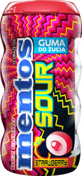 Mentos Sour Strawberry guma do żucia bez cukru, 15 drażetek, czerwono-czarne opakowanie, widok z przodu.