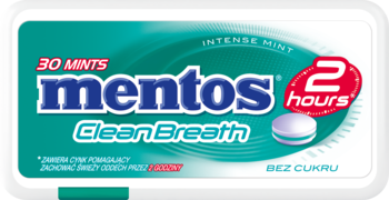 Mentos CleanBreath Intense Mint, biało-turkusowe pudełko z 30 bezcukrowymi pastylkami na 2h świeżego oddechu, widok z góry.
