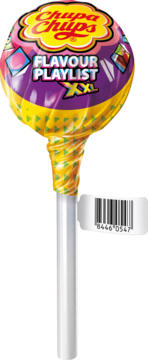 Chupa Chups Flavour Playlist XXL lizak 5 smaków (cola, wiśnia, cytryna, limonka, truskawkowa guma). Fioletowo-żółte opakowanie.