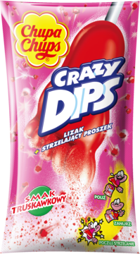 Różowe opakowanie Chupa Chups Crazy Dips: czerwony lizak-stopa, strzelający proszek truskawkowy.