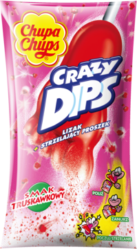 Różowe opakowanie Chupa Chups Crazy Dips: czerwony lizak-stopa, strzelający proszek truskawkowy.
