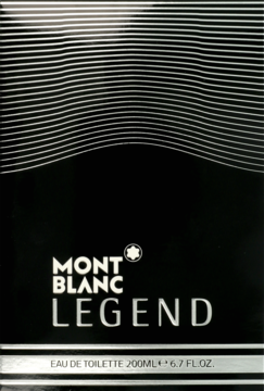 Pionowe czarne pudełko perfum Montblanc Legend EDT 200ml z białym logo i falistymi liniami u góry.