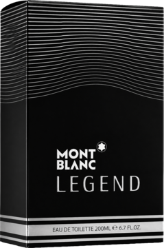 Czarny kartonik Montblanc Legend woda toaletowa 200ml, srebrne napisy i falisty wzór, widok z przodu.
