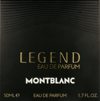 Czarne pudełko perfum Montblanc Legend Eau de Parfum 50ml, ze złotym napisem LEGEND i białym logo, widok z przodu.