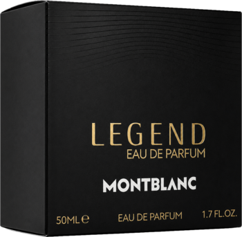 Czarny kartonik Montblanc Legend Eau de Parfum 50ml, widok pod kątem, złoty napis "LEGEND" i białe logo.