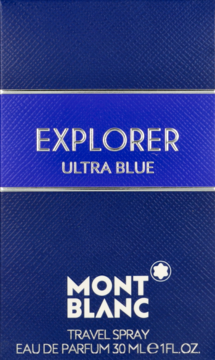 Granatowe pudełko perfum Mont Blanc Explorer Ultra Blue 30 ml, z błękitnym pasem i białymi napisami, widok z przodu.