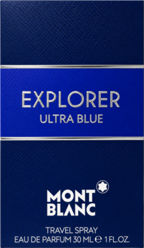 Mont Blanc Explorer Ultra Blue Eau de Parfum 30ml. Ciemnoniebieskie pudełko travel spray, widok z przodu.