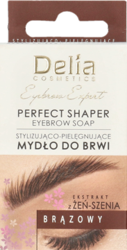 Delia Cosmetics Perfect Shaper mydło do brwi, brązowe, w kremowej op. z żeń-szeniem, widok z przodu.