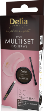 Delia Eyebrow Expert Brow Multi Set do brwi 3.0 Ciemny Brąz: pomada, aplikator, pęseta, szablon.