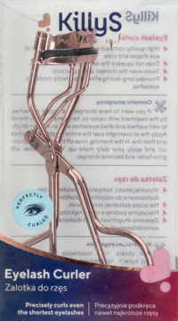 Killys rose gold zalotka do rzęs w przezroczystym opakowaniu, widok z przodu, z napisem 'PERFECTLY CURLED'.