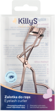 KillyS zalotka do rzęs / eyelash curler w kolorze różowego złota, metaliczna, widok z przodu w opakowaniu.