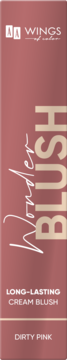 Pionowe opakowanie długotrwałego kremowego różu Wonder Blush Dirty Pink. Widok z przodu, logo Wings of Color.