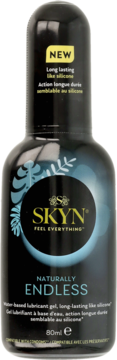 SKYN Naturally Endless lubrykant na bazie wody, czarna butelka z niebieskim wzorem, widok z przodu.
