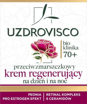 Etykieta Uzdrovisco Bioklinika 70+ krem regenerujący z piwonią i retinalem, biało-złota, widok z przodu.