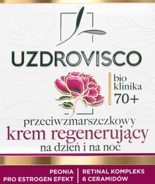 Uzdrovisco bio klinika 70+ krem regenerujący przeciwzmarszczkowy, białe opakowanie z peonią, widok z przodu.