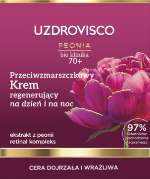 Uzdrovisco Peonia 70+ krem przeciwzmarszczkowy z retinalem, fuksjowe opakowanie z kwiatem piwonii, widok z przodu.