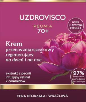 Różowy krem Uzdrovisco Peonia 70+ przeciwzmarszczkowy z retinolem, ceramidami, widok z przodu.