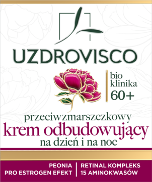 UZDROVISCO krem odbudowujący 60+ z retinalem i peonią, biało-złote opakowanie z piwonią, widok z przodu.