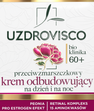 Biało-złoty krem UZDROVISCO 60+ odbudowujący na dzień/noc, z różową piwonią. Redukcja zmarszczek.