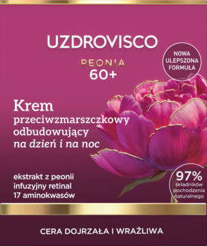 Krem Uzdrovisco Deonia 60+ przeciwzmarszczkowy na dzień i noc, z peonią i retinalem, opakowanie z kwiatem.
