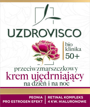 Złoto-biały krem Uzdrovisco Bioklinika 50+ przeciwzmarszczkowy na dzień i noc, z dużą różową peonią.