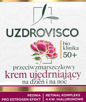 Krem UZDROVISCO Bioklinika 50+ przeciwzmarszczkowy z Retinalem, Peonią, na dzień i noc, front opakowania.