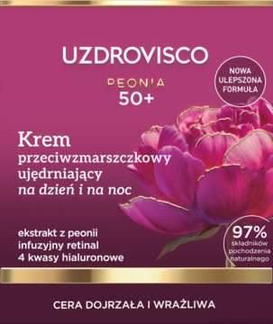 Różowy krem Uzdrovisco Peonia 50+ na dzień i noc, ujędrniający, z retinalem i kwasami hialuronowymi, widok z przodu.