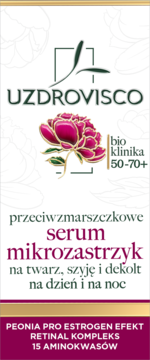 Uzdrovisco serum mikrozastrzyk 50-70+, przeciwzmarszczkowe, białe opakowanie z różową peonią, widok z przodu.