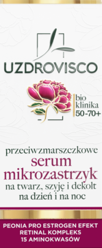 UZDROVISCO serum mikrozastrzyk 50-70+ z retinolem i peonią. Białe opakowanie z purpurowym tekstem, widok z przodu.