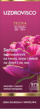 UZDROVISCO Peonia serum mikrozastrzyk 50-70+ do cery dojrzałej i wrażliwej, różowa butelka z piwonią.