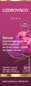 Uzdrovisco Peonia serum przeciwzmarszczkowe mikrozastrzyk do cery dojrzałej. Fuksjowe opakowanie, przód.