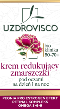 Uzdrovisco krem pod oczy Bioklinika 50-70+, białe opakowanie z różową piwonią na środku.