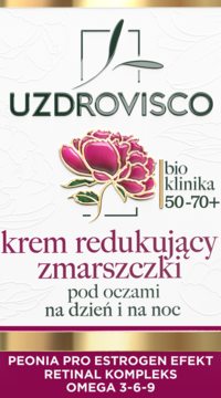 Uzdrovisco bio klinika 50-70+, krem redukujący zmarszczki pod oczami. Biało-złote opakowanie z piwonią.